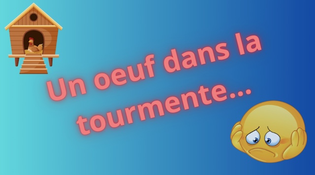 Vignette bleu contenant le titre "un oeuf dans la tourmente..." une image de poulailler en bois avec une poule qui couve, et dans l'angle opposé, un émoji triste qui se tient la tête entre les mains.