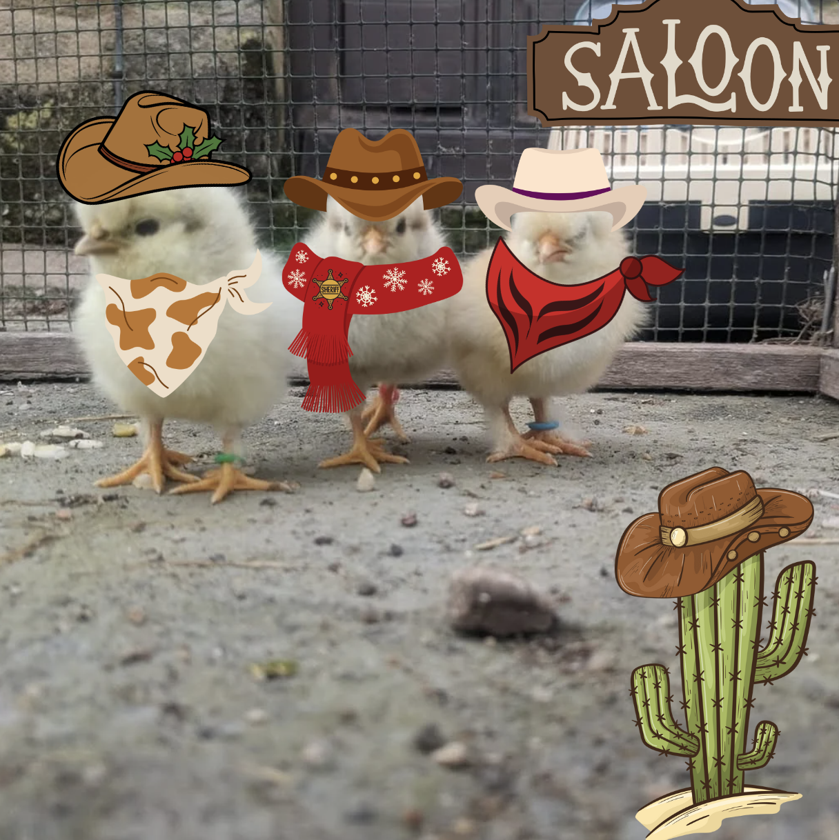 poussins en mode western avec chapeaux et foulards de cowboys !