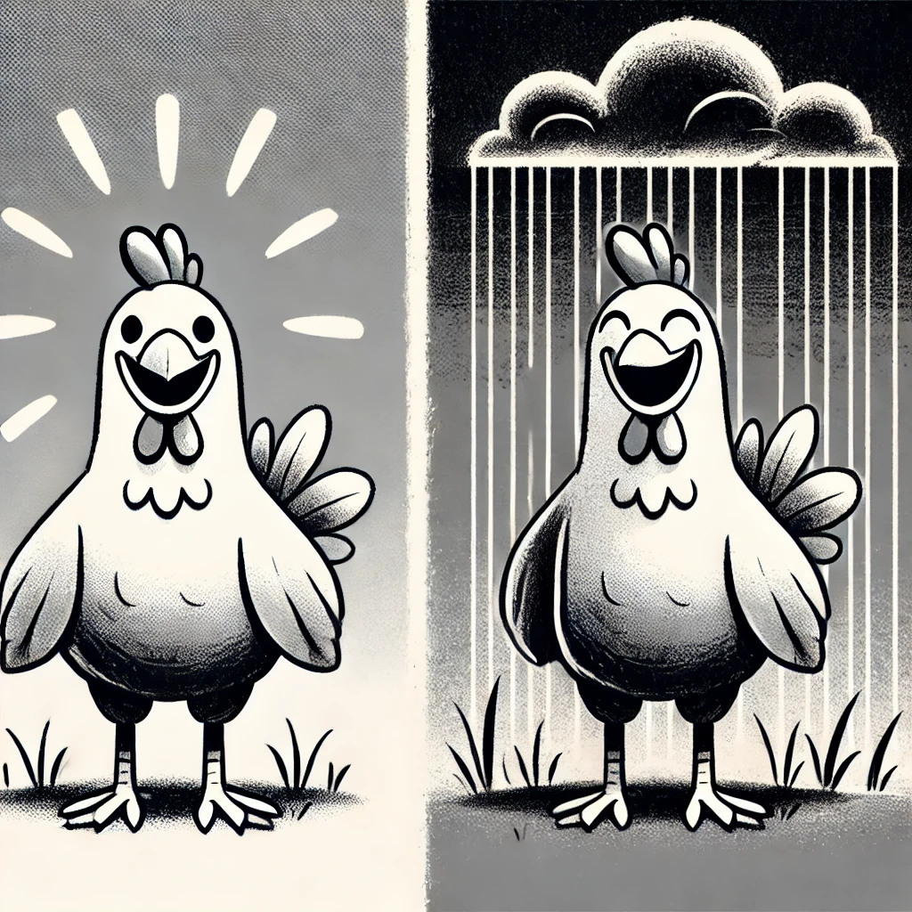 Illustration graphique d'une poule souriante qui se moque de son environnement, qu'il soit morose ou chaleureux, elle reste fidèle à elle-même