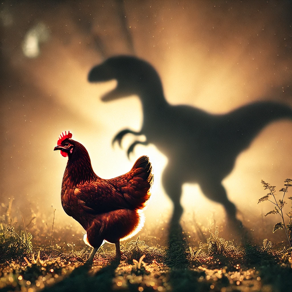 illustration d'une poule rousse, et derrière elle l'ombre d'un T-Rex