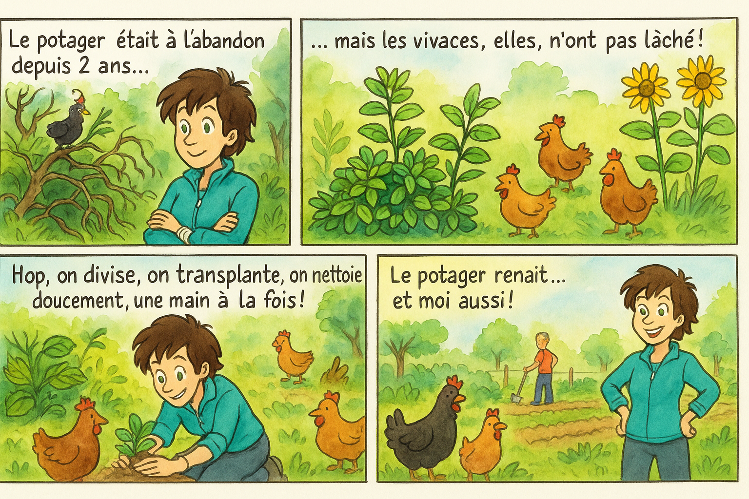 planche BD racontant l'histoire de cette journée du défi #23 : nettoyage du potager, transplantation des végétaux, remise en état pour culture, avec des poules ravies !